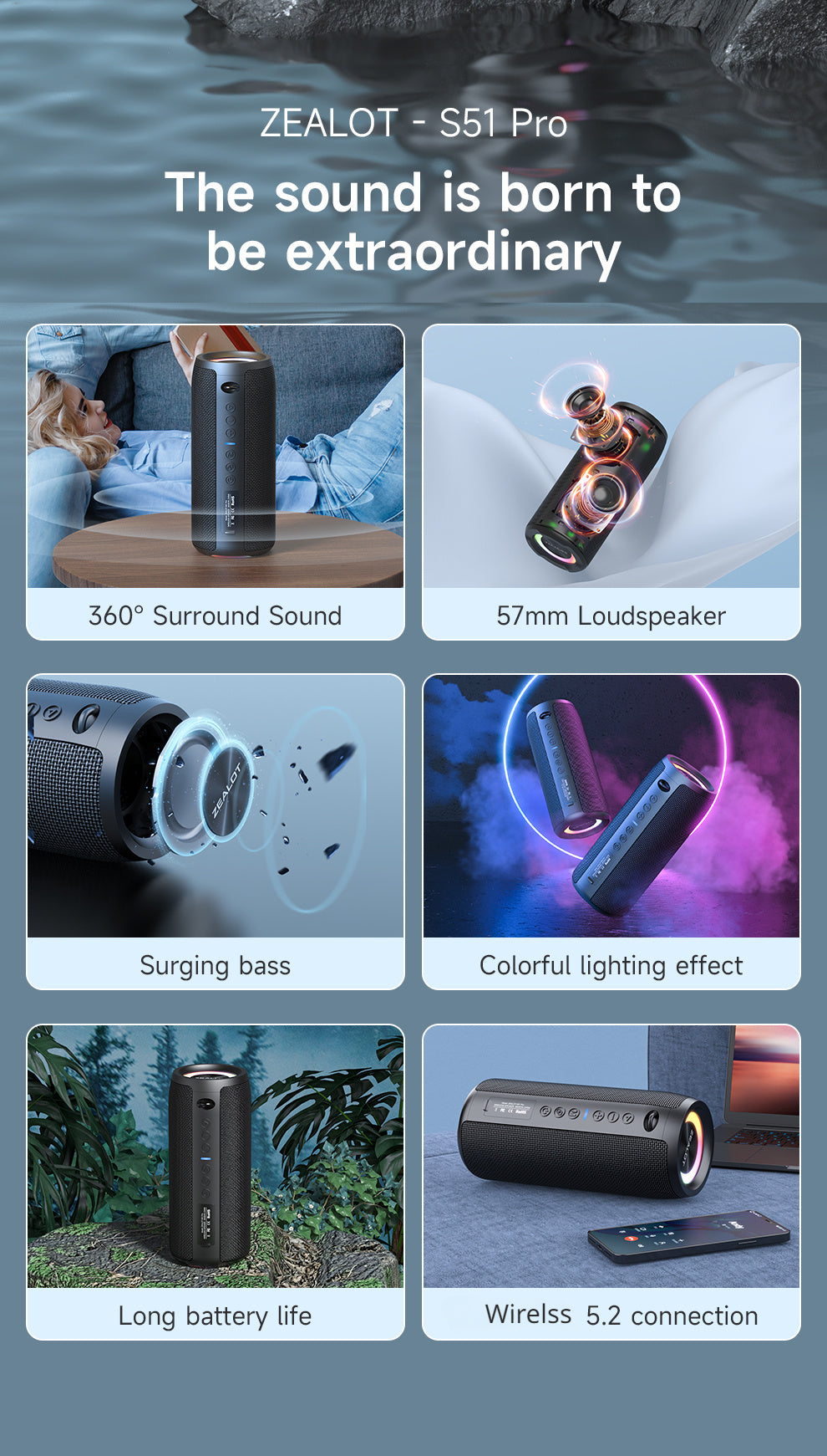 ZEALOT S51 Pro Wireless Speakers, Outdoor Portable Subwoofer Speaker, Wireless Speaker, Dual Pairing, Booming Bass, Charging Cable And Aux Cable, Connect with Mobile Phone/Tablet/TV, for Home, Car, Outdoor, Camping