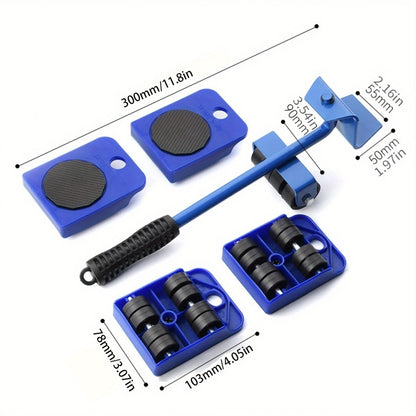 5pcs Heavy-Duty Furniture Moving Set with Lifter and Sliders, Blue - Ideal for Moving Appliances, Refrigerators, and Sofas