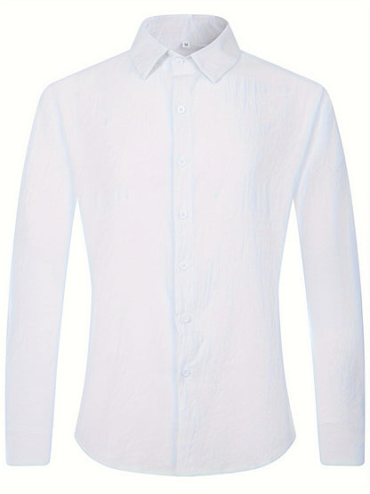 Camisa de homem em algodão de manga comprida e cor sólida com botões, modelo com lapela, ideal para a primavera e outono.