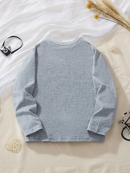 Boys' Long Sleeve Cotton T-Shirt, Casual Crew Neck, Dinosaur Print, Breathable Knit Fabric, for Fall - Casual & Outdoor Wear