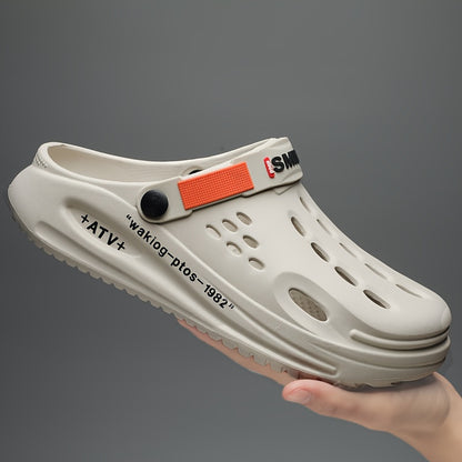 Men's Trendy Thick-Sole EVA Clogs with Alphabet Design - Slip-On, Breathable Garden Shoes with Secure Yellow Strap & "SMN WALKING PROS" Insole Print for Outdoor Comfort, Chunky Shoes