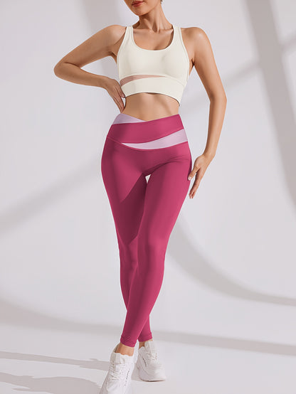 Women's 2-piece sports set with sports bra and leggings, color block design suitable for cycling, fitness, yoga, and running.
