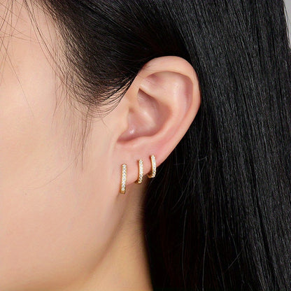 Sterling 925 Silver Jewelry Full Shiny zirconia Decor Hoop Earrings Elegant Minimalist Style Delicate Female Gift