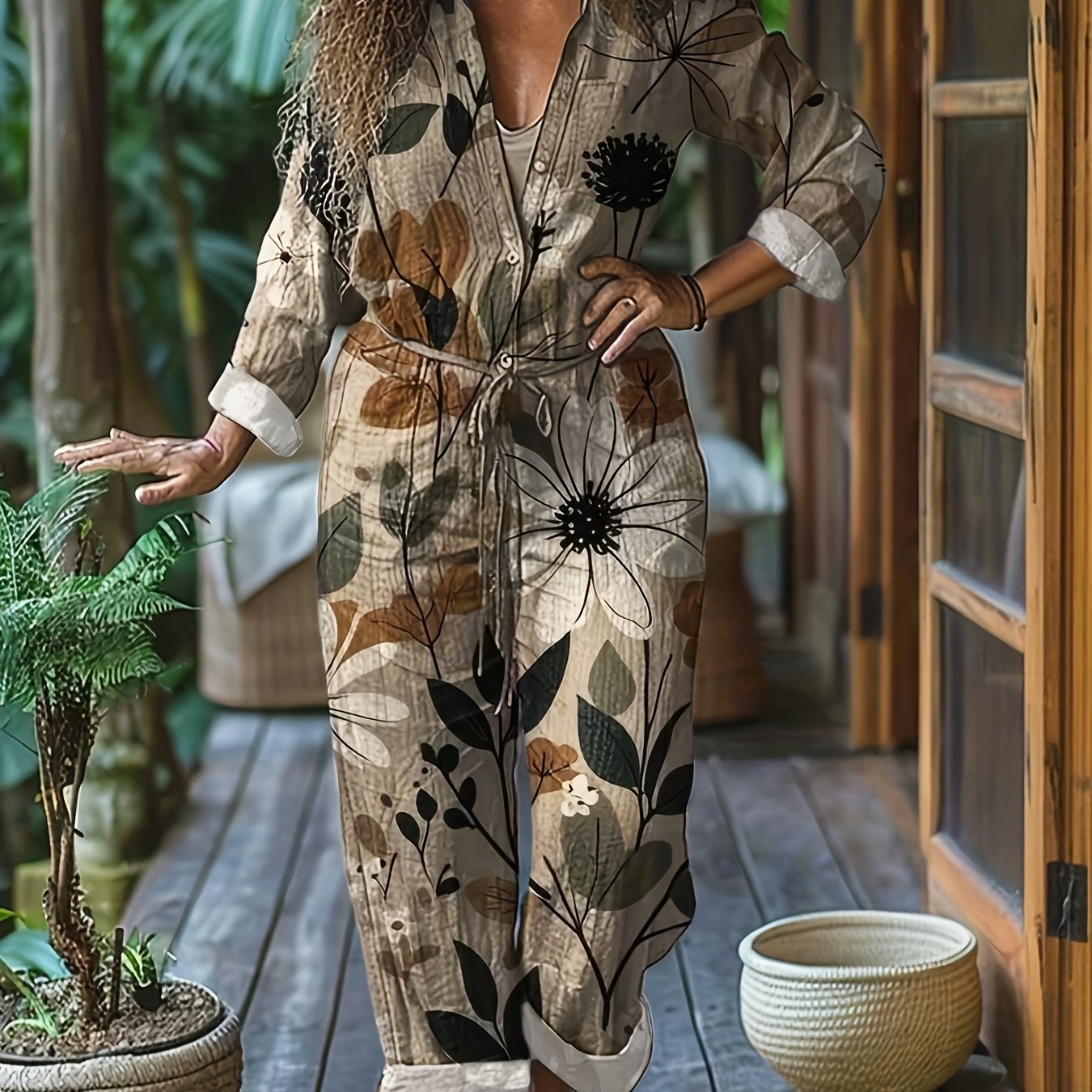Women'S Floral Print Jumpsuit - Long Sleeve Loose Fit Pantsuit with Belt, Non-Stretchy Fabric for Fall/Winter, Office, Party, Everyday Outfit - Women'S Clothing, Office Attire, Retro Fashion, Quality Stitching, Stylish Romper