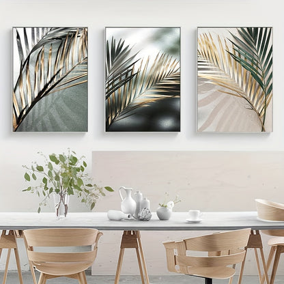 3pcs Nordic Botanical Wall Art - Golden Palm Leaf Plant Canvas Painting - Scandinavian Decor - Home Decor - No Frame