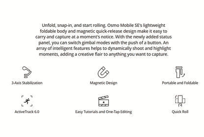 DJI Osmo Mobile SE OM Estabilizador de Gimbal Portátil, dobrável e inteligente para selfies com telemóvel, com função de seguimento de câmara e estabilização de imagem, compatível com vários dispositivos.
