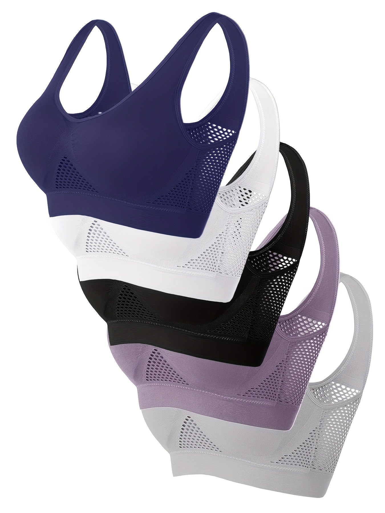 5pcs, solid color brass sports shoes, wire-free, padded, breathable mesh, high elasticity for yoga and running.