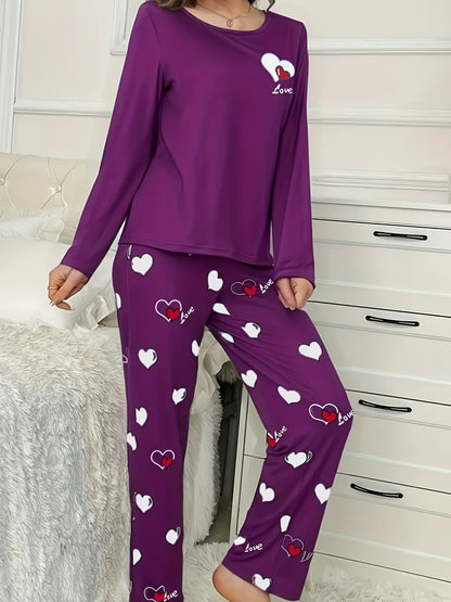Plus Size Casual Heart Print Round Neck Long Sleeve Pantsuit