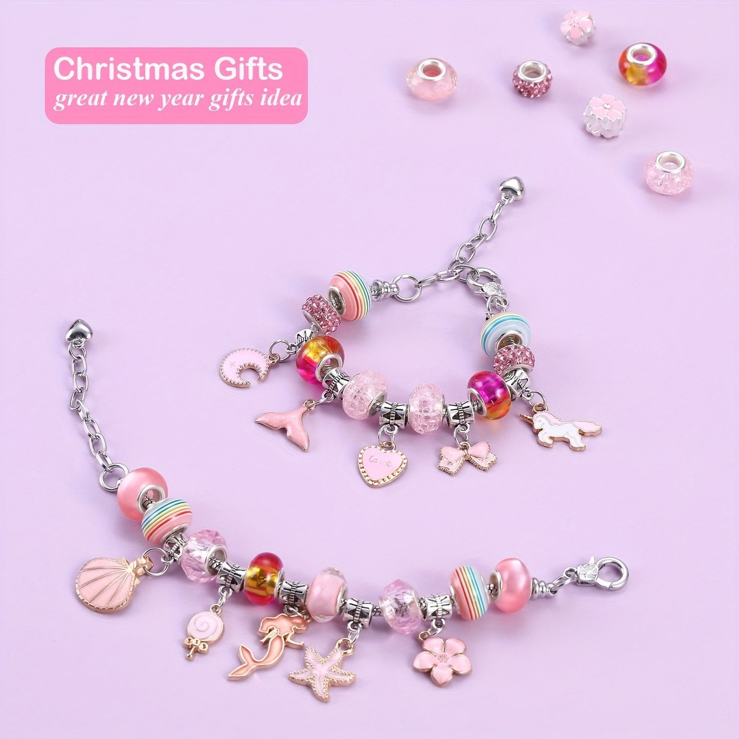 67-Piece DIY Charm Bracelet Bead Kit with Unicorn Mermaid Crafts, Includes 60 Charms, 3 Bracelets, and 3 Necklace Strands, Suitable for Birthday, Christmas, New Year's, Valentine's Day Gifts