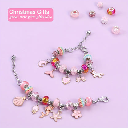 67-Piece DIY Charm Bracelet Bead Kit with Unicorn Mermaid Crafts, Includes 60 Charms, 3 Bracelets, and 3 Necklace Strands, Suitable for Birthday, Christmas, New Year's, Valentine's Day Gifts