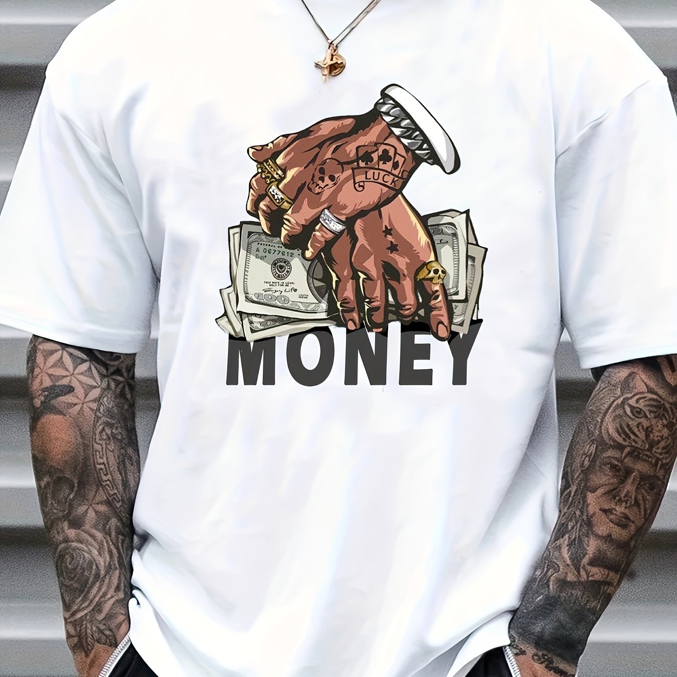 T-shirt de gola redonda para homem com estampado de dinheiro e mãos em estilo cartoon, t-shirt casual e confortável para o verão, ideal para usar no dia a dia em resorts e férias.