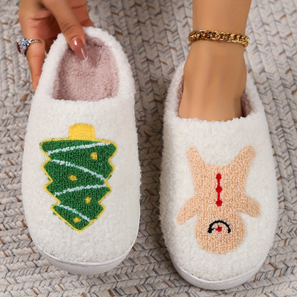 Pantufas felpudas com estampado de árvore de Natal, chinelos de inverno fechados e quentinhos para usar em casa, pantufas aconchegantes de sola macia e felpuda.