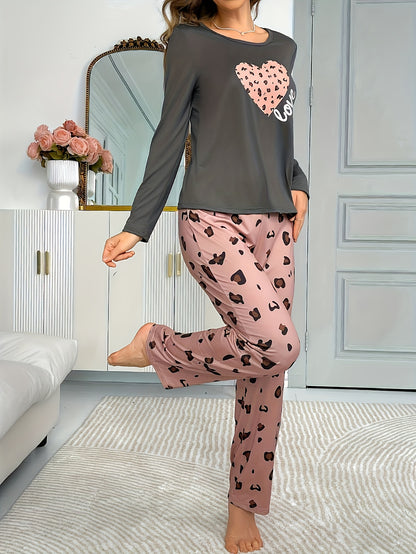 Women'S Heart & Leopard Print Pajama Set - Cozy Long Sleeve Top & Elastic Waist Pants, Soft, Casual Home Wear, All-Season Comfort, Casual Loungewear|Playful Print Top| Fabric, Plu Size Pj For Women, Plu Size Women Pj, Pj Wome