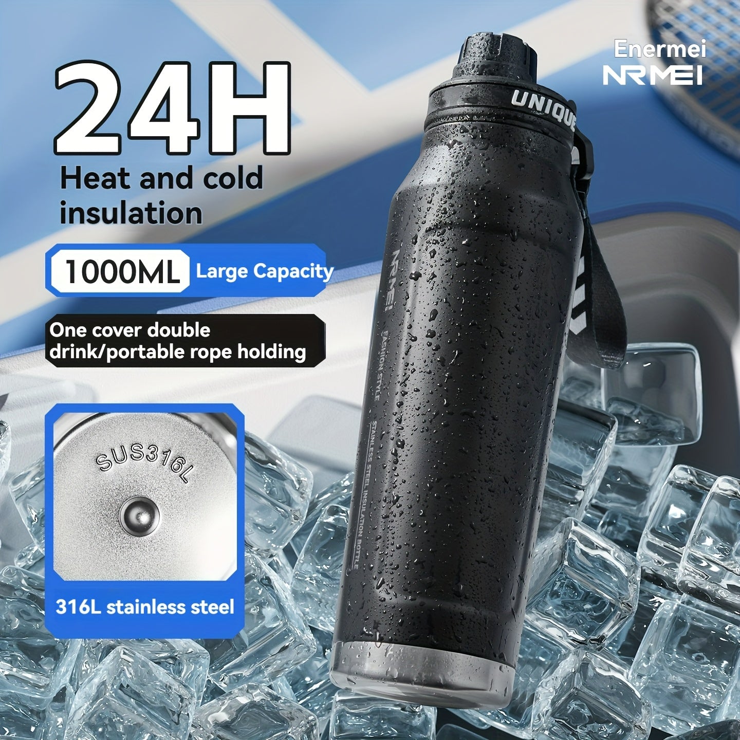 1 stainless steel water bottle with carrying strap, 316 stainless steel, suitable for outdoor and camping