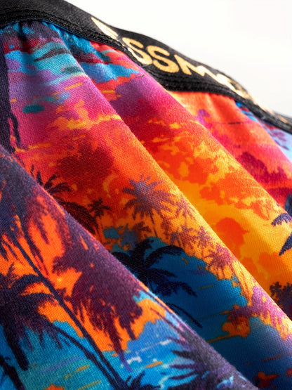 5pcs ESSMO Men'S Light Luxury Boxer Briefs - Vibrant Tropical Sunset & Palm Tree Design, Medium Stretch Fabric, Comfortable & Stylish Underwear, Relaxed Fit Boxers|Tropical Print Boxers|Stretchable Fabric
