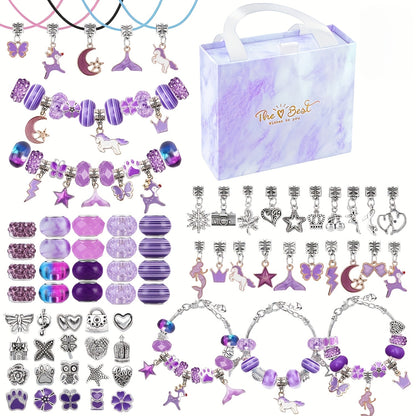 67-Piece DIY Charm Bracelet Bead Kit with Unicorn Mermaid Crafts, Includes 60 Charms, 3 Bracelets, and 3 Necklace Strands, Suitable for Birthday, Christmas, New Year's, Valentine's Day Gifts
