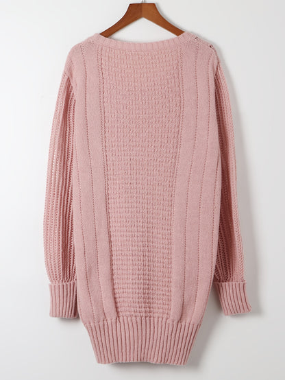 Elegant Pink Knit Sweater Dress for Women - Casual Long Sleeve, Round Neck, Bodycon Midi with Cable Knit Pattern, Perfect for Fall/Winter, 100% Polyester