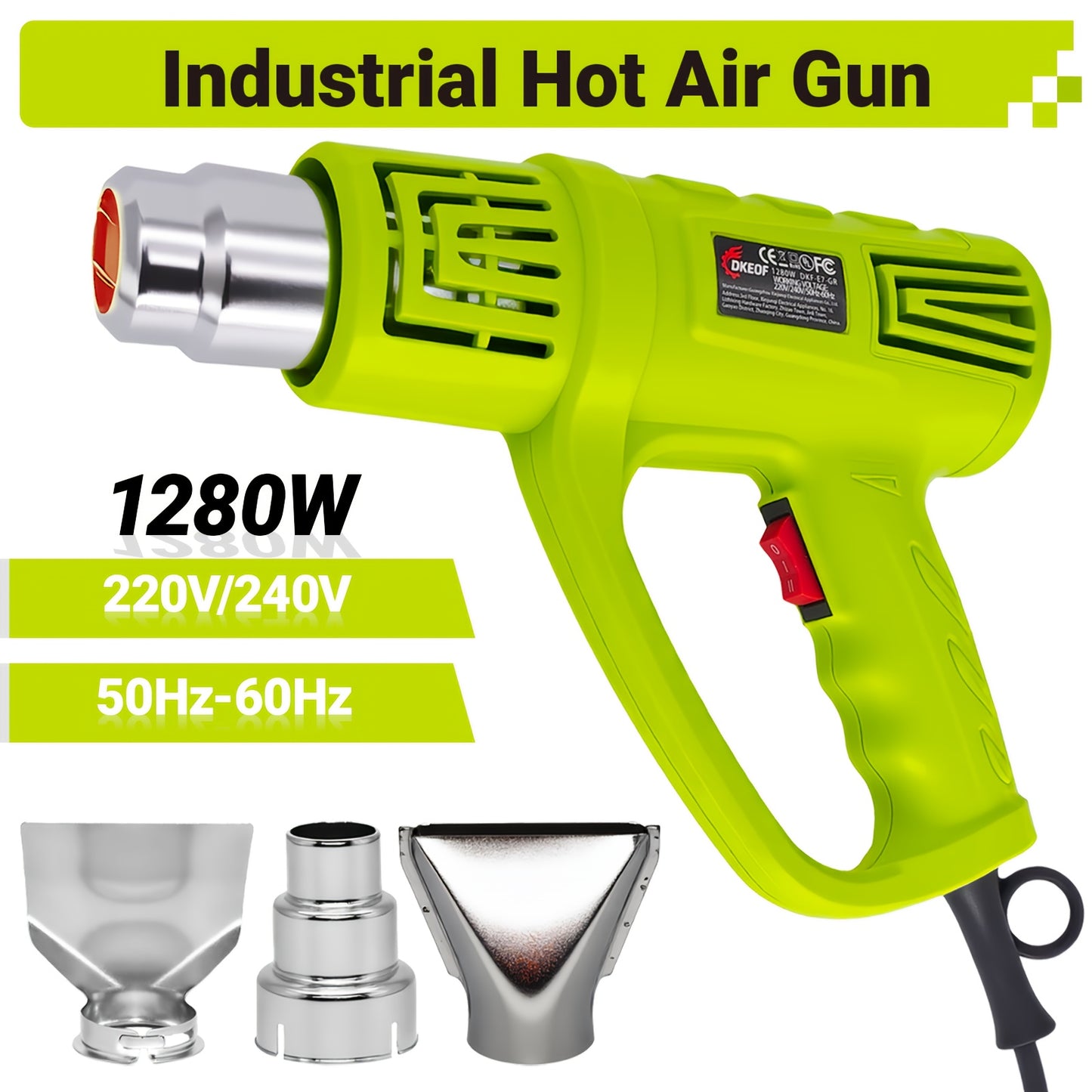 Kit de pistola de ar quente DKEOF 1280W para serviço pesado com definições de temperatura dupla (150°C/650°C), proteção contra sobreaquecimento, aquecimento rápido, cabo ergonómico e construção durável - para encolher PVC e soldar.