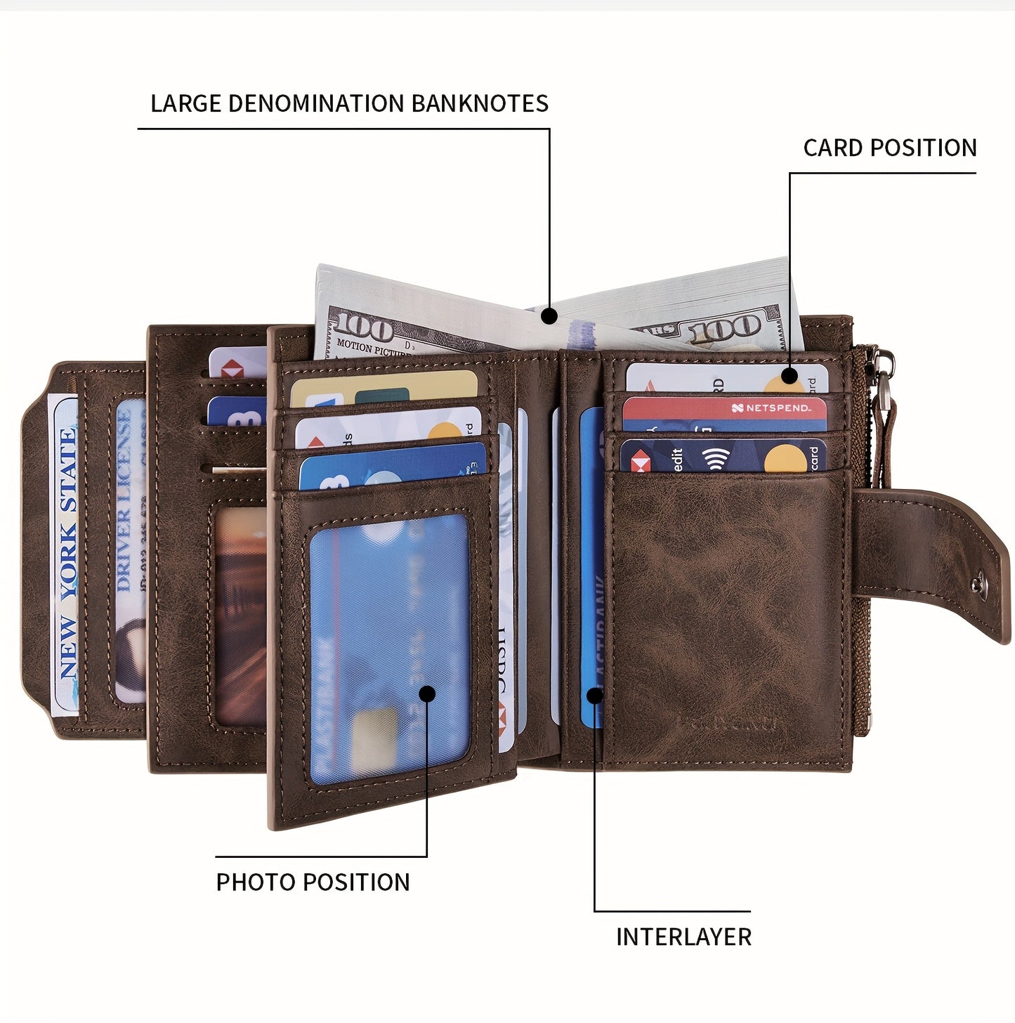 BANYANU Vintage Genuine Leather Wallet for Men - RFID Blocking, 17 Card Slots, Zippered Coin Pocket &amp; Independent Card Holder, Brown, Perfect Father'S Day Gift, Secure Card Storage | Vintage Wallet | Durable Zipper Closure, B