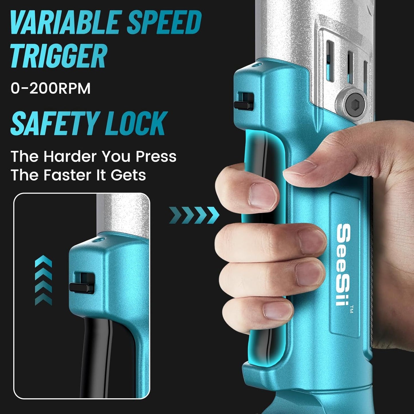 Chave de roquete sem fios Seesii 3/8", 90 N.m 200 RPM, chave de roquete elétrica de 200 RPM e 90 N.m, 2 baterias de 2,0 A e carregador, gatilho de velocidade variável, 8 tomadas, adaptador de 1/4" e 1/2", barra de extensão de 3".