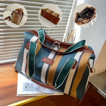 HUOHUO Women's Large Capacity Retro Striped Travel Handbag & Carry-On Luggage - Lightweight Nylon Suitcase with Adjustable Strap, Golden-Tone Hardware, Zipper Closure & Lining - Casual & Formal Use for Airplane, Train, Car Tr