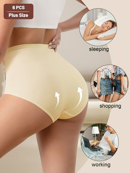 6-Pack MIOTAN Plus Size High-Waisted Tummy Control Panties for Women, Breathable Mesh Crossed Waistband, Seamless Fiber, Shaping Butt Lifting Underwear, Elegant Solid Color, Medium Stretch Knit Fabric, 90% Polyester 10% Elast