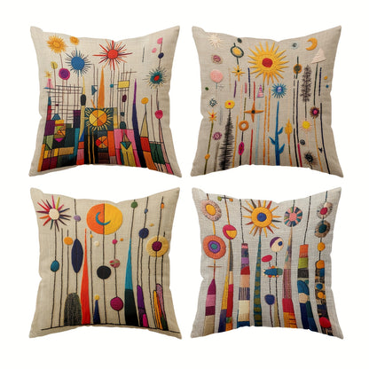 2D printing, 4pcs, abstract pillow set, with beige as the base, featuring elements such as sun and geometric shapes, full of artistic sense, not real embroidery. 45.72*45.72cm, home decoration, suitable for sofas, living rooms