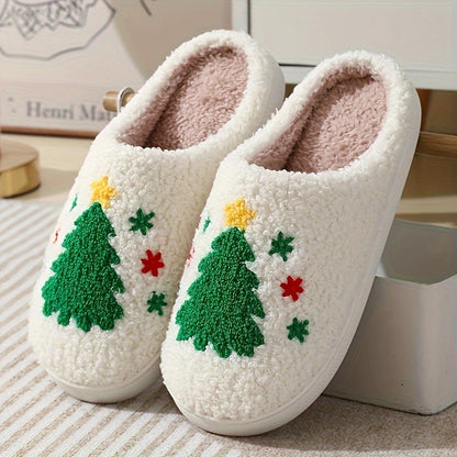 Pantufas felpudas com estampado de árvore de Natal, chinelos de inverno fechados e quentinhos para usar em casa, pantufas aconchegantes de sola macia e felpuda.