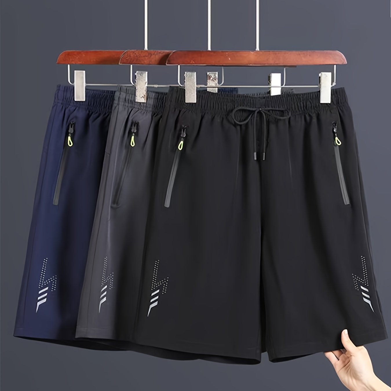 3pcs Men's Lightweight Quick-Dry Athletic Running Shorts - Loose Fit Plus Size, Zipper Pocket &amp; Elastic Waistband, Polyester/Elastane Blend Swim Shorts with White &amp; Black Design for Gym, Beach, Jogging - Summer Workout Swim T