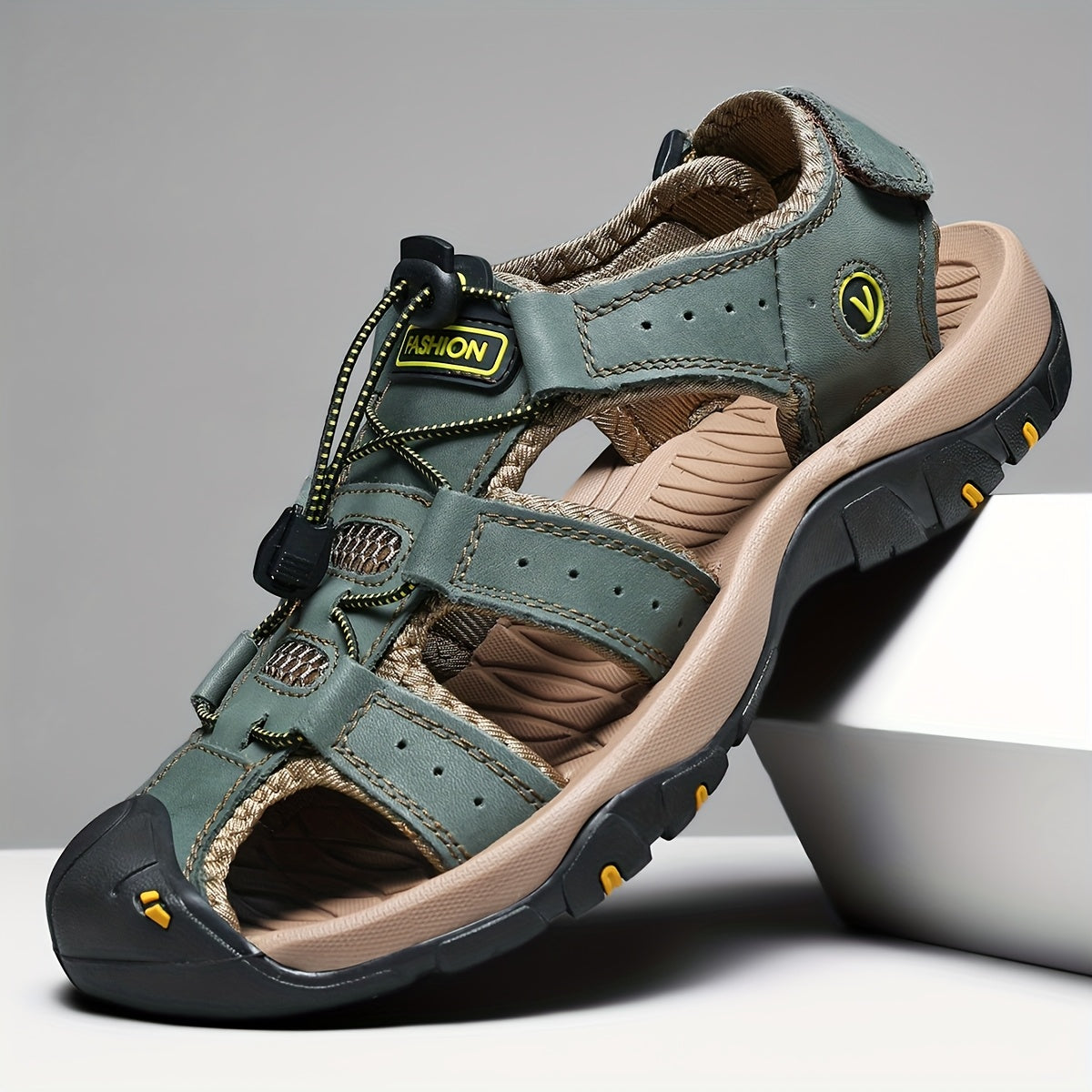 Men's Lightweight Quick-Dry Slip-Resistant Arch Sandals - Breathable PU Upper & Cushioned Insole, ic Closure Beach Shoes with Non-Slip Rubber Sole, Brown/Tan & Green Color Options for Outdoor, Travel, Driving, Swimming - Casu