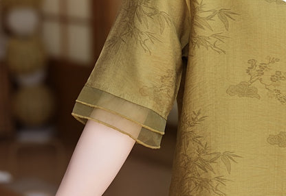 Elegante blusa de verão para mulher com estampado floral - Manga curta, gola mandarim, corte largo, verde-azeitona claro, perfeita para looks casuais. Blusa casual | Blusa com estampado floral | Camisola com gola mandarim