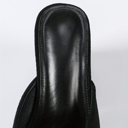 Chinelo feminino chique para o verão - Mules pretos de salto grosso e bico aberto, chinelos femininos de malha com salto alto e bico quadrado, com sola de borracha confortável.