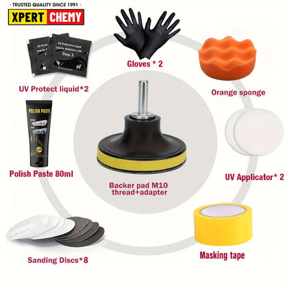 Headlight Restoration Kit, Universal Model, with Sanding Discs, Clear Coat Wipes, Foam Pad & Glove, for Car Headlights, Taillights, Fog Lights, Plastic Lens Restoration and Protection