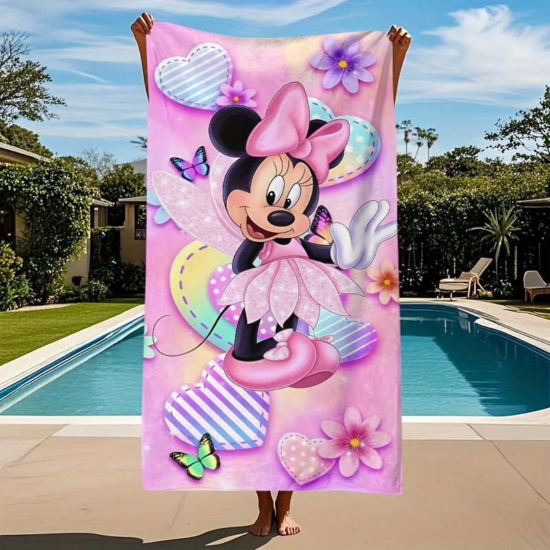 1pc Minnie Mouse Beach Towel - Soft, Lightweight, Sand-Proof & Quick-Drying Microfiber - Vibrant Cartoon Design with Hearts, Butterflies & Stripes - Perfect for Beach, Swim, Gym, Yoga &