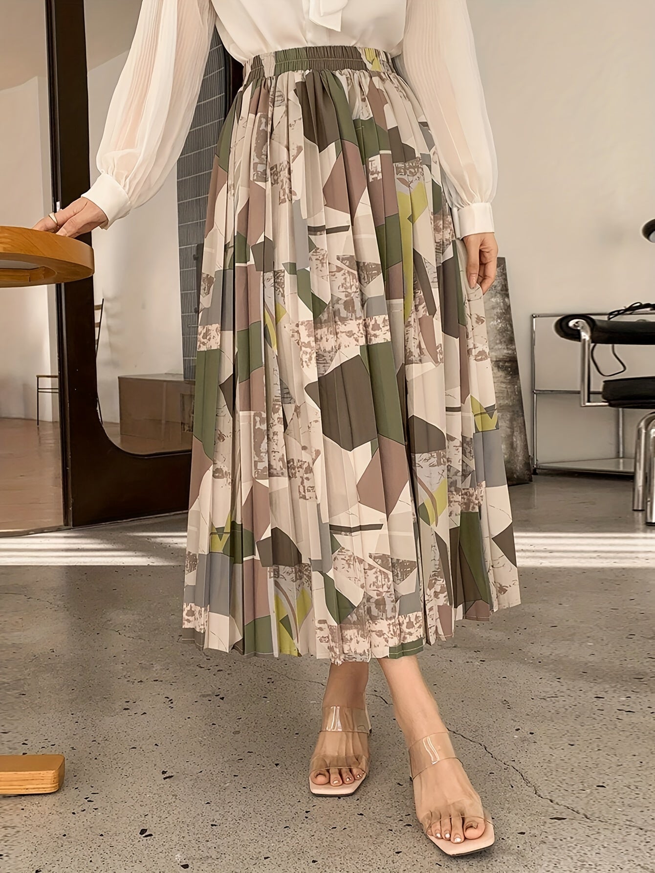 Elegant Geometric Pattern Pleated Midi Skirt for Women - Versatile, Fashion-Forward, Non-Stretch Polyester Fabric, Machine Washable - Perfect for All Seasons, Allseason Wear|Asymmetrical Hemline|Comfortable Fit