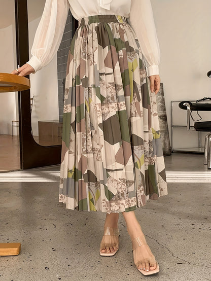 Elegant Geometric Pattern Pleated Midi Skirt for Women - Versatile, Fashion-Forward, Non-Stretch Polyester Fabric, Machine Washable - Perfect for All Seasons, Allseason Wear|Asymmetrical Hemline|Comfortable Fit