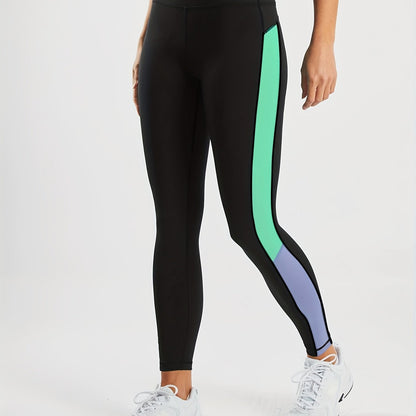 Women's High-Waisted Yoga Leggings - Full-Length Black with Neon Green & Blue Vertical Stripe Contrast, Breathable Stretchy Workout Pants for Gym, Pilates, Running, Tennis | Spring/Fall Casual Athletic Wear, Machine Washable