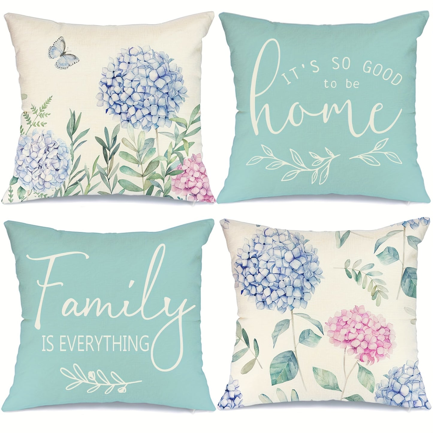 4pcs Blue Hydrangea Linen Blend Throw Pillow Covers, Cushion Cover For Bed Sofa Couch Living Room Decor Home Decor, No Pillow Insert, 18inch*18inch