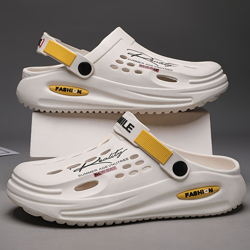 Men's Trendy Thick-Sole EVA Clogs with Alphabet Design - Slip-On, Breathable Garden Shoes with Secure Yellow Strap & "SMN WALKING PROS" Insole Print for Outdoor Comfort, Chunky Shoes