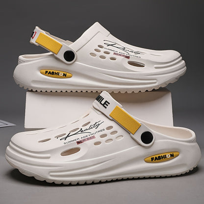 Men's Trendy Thick-Sole EVA Clogs with Alphabet Design - Slip-On, Breathable Garden Shoes with Secure Yellow Strap & "SMN WALKING PROS" Insole Print for Outdoor Comfort, Chunky Shoes