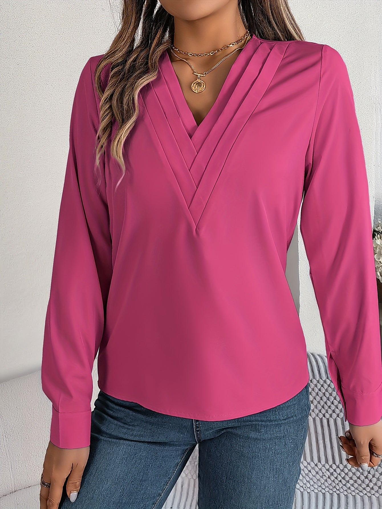 Women'S Elegant V-Neck Long Sleeve Shirt, Solid Color Polyester Blouse with Triple V-Cut, 95% Polyester 5% Elastane, Woven Fabric, 120g/m², for Spring/Summer/Fall - Adult