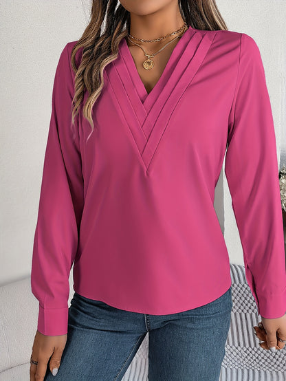 Women'S Elegant V-Neck Long Sleeve Shirt, Solid Color Polyester Blouse with Triple V-Cut, 95% Polyester 5% Elastane, Woven Fabric, 120g/m², for Spring/Summer/Fall - Adult