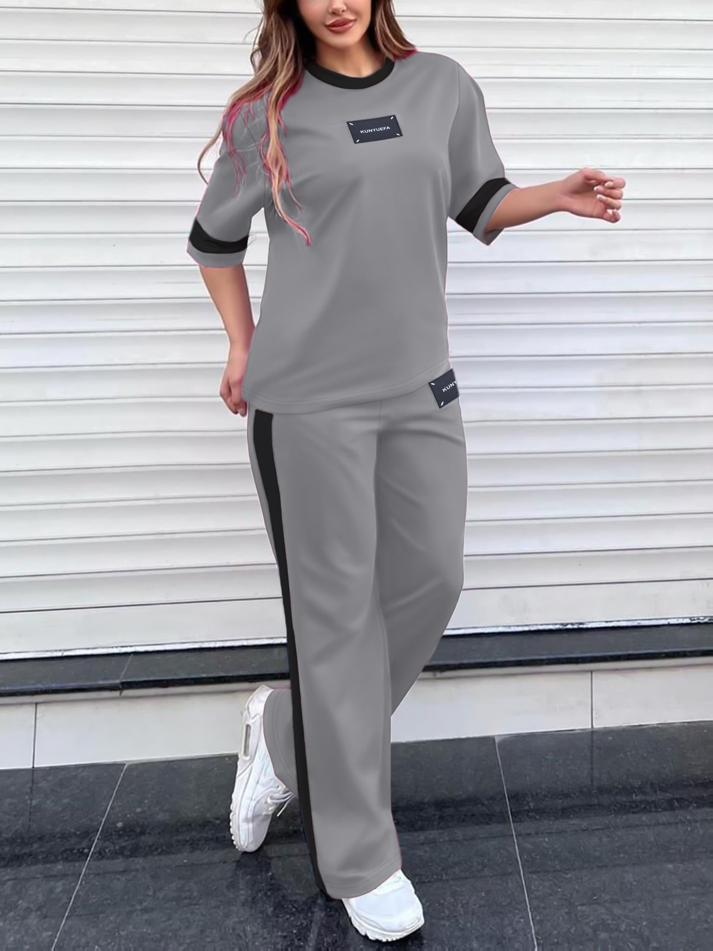 Autumn Fashion Trend: Color-Block Round Neck Short Sleeve T-Shirt + Casual Loose-Fit Elastic Waist Straight-Leg Pants Women's Two-Piece Set