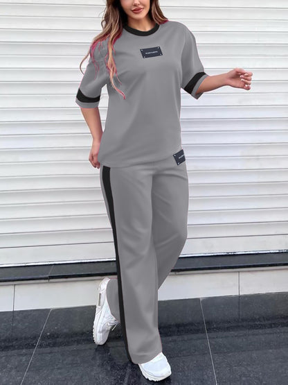 Autumn Fashion Trend: Color-Block Round Neck Short Sleeve T-Shirt + Casual Loose-Fit Elastic Waist Straight-Leg Pants Women's Two-Piece Set