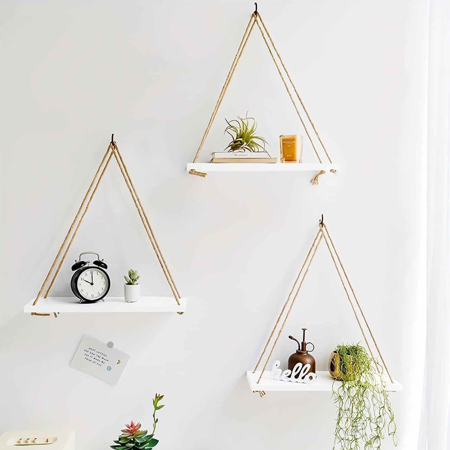 2pcs Boho Decor Hanging Shelf, Storage Display Shelves For Hanging Plants Photos, Rustic Wood Floating Shelves For Nursery Bedroom Bathroom Living Room, wall decor