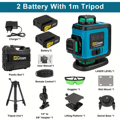 Gisam Multifunctional 16 Lines 4D Green Laser Level with Tripod & App Control, 360° Self-Leveling Horizontal & Vertical Cross Lines, USB & Battery Powered, Includes Carrying Case, Super-Powerful Beam, Portable Design for Ind