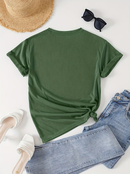 T-shirt casual para mulher com estampado floral de borboletas e margaridas, gola redonda - Verde azeitona, Lavável à máquina, Modelagem regular para looks casuais, Moda para todas as estações, Estilo descontraído, Tecido não transparente