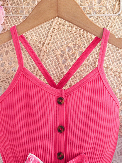 Girls' Summer Casual Floral Print Off-Shoulder Jumpsuit with Adjustable Waist Belt - Lightweight Breathable Shorts for Outdoor Play & Daily Wear, Blue & White Flower Design, Perfect for Weekend Outings, Cute Outfits for Girls