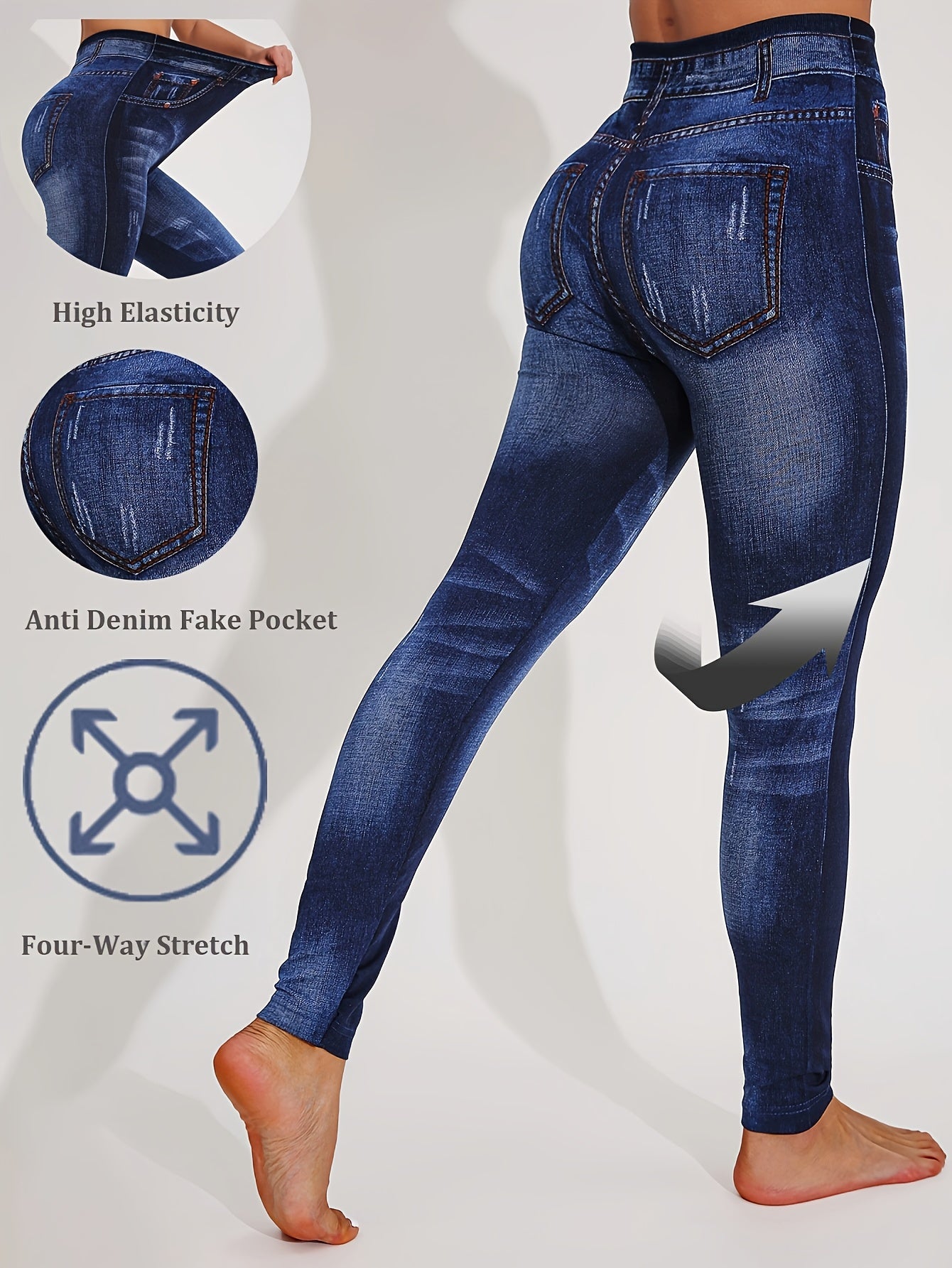 【imitation denim】Autumn And Winter Directional Style, Fashionable And Elegant Women'S Faux Denim Printed Leggings, Casual Fake Faux Denim Skinny Pants, Perfect for The, Three-Quarter Length, High Elasticity, Breathable So