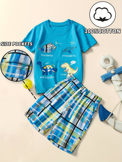 2pcs Set Kids Cotton Cartoon Dinosaur Short Sleeves Tshirt & Breathable Comfy Drawstring Plaid Shorts